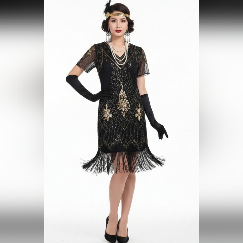 NWT Sweetv Flapper Dress 1920s Fringe Sequins Roaring 'Costume Great Gatsby M